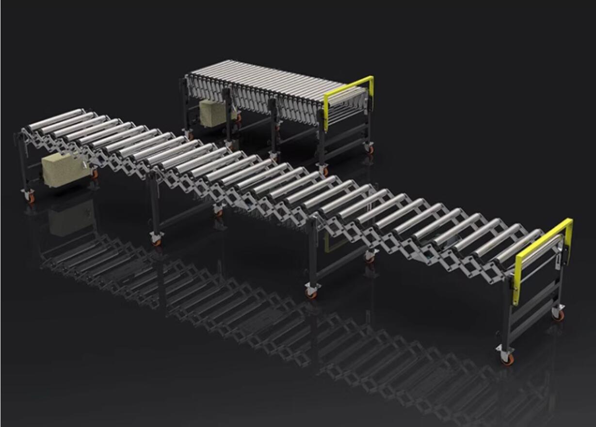 flexible expandable gravity roller conveyor – comparison of retracted and extended states esnek genişletilebilir yerçekimiyle makaralı konveyör – geri çekilmiş ve uzatılmış durumların karşılaştırılması